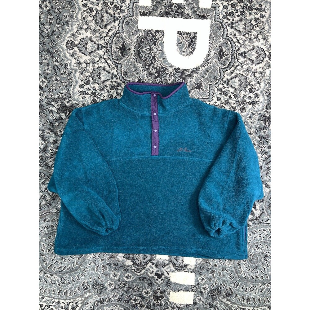 Vintage LL Bean Snap Button Fleece Pullover Cursive Turquoise Men’s Large USA